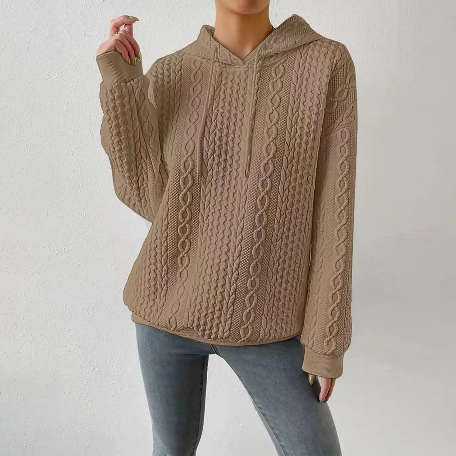 Womens Essentials Hoodie Oversized Cable Knit Hoodies Casual Long Sleeve Drawstring Pullover Sweater Fall Outfits 2024
