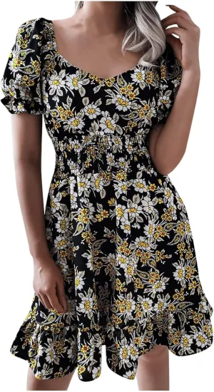 Women's Floral Mini Dress Empire Waist Ruffle Flowy Dresses Casual Short Sleeve Scoopneck Dress