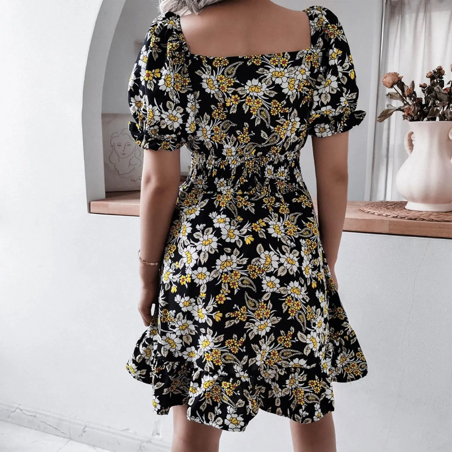 Women's Floral Mini Dress Empire Waist Ruffle Flowy Dresses Casual Short Sleeve Scoopneck Dress