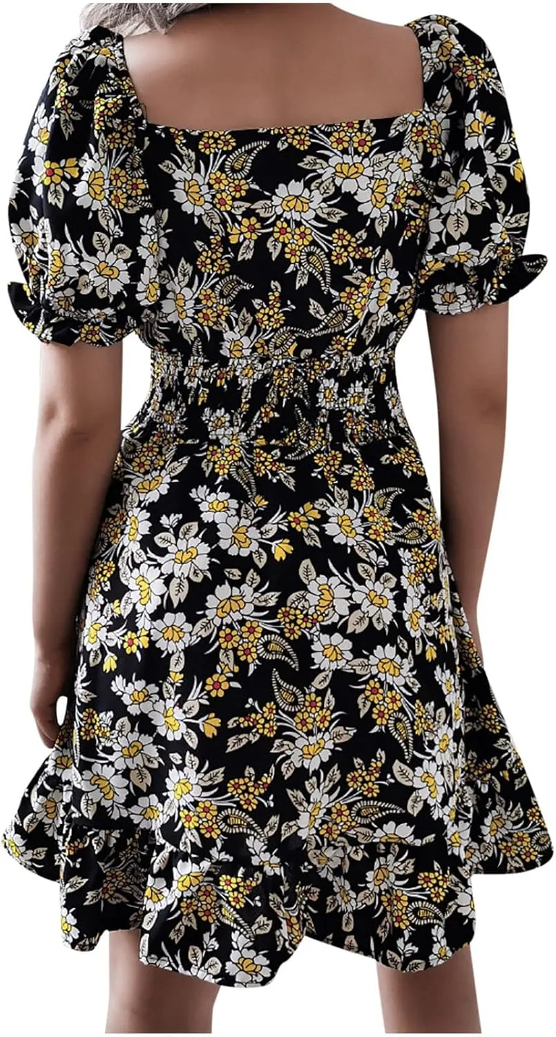Women's Floral Mini Dress Empire Waist Ruffle Flowy Dresses Casual Short Sleeve Scoopneck Dress
