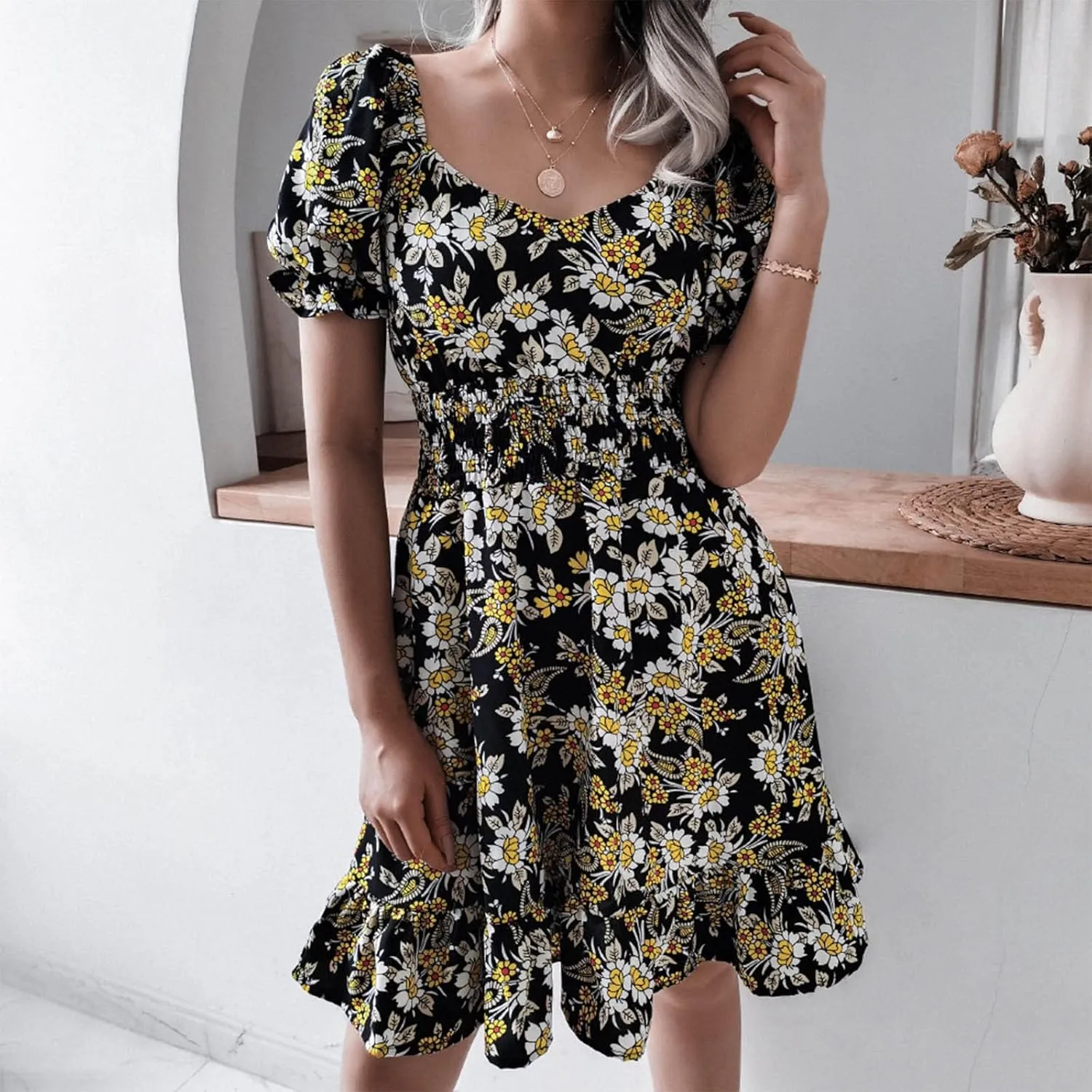 Women's Floral Mini Dress Empire Waist Ruffle Flowy Dresses Casual Short Sleeve Scoopneck Dress