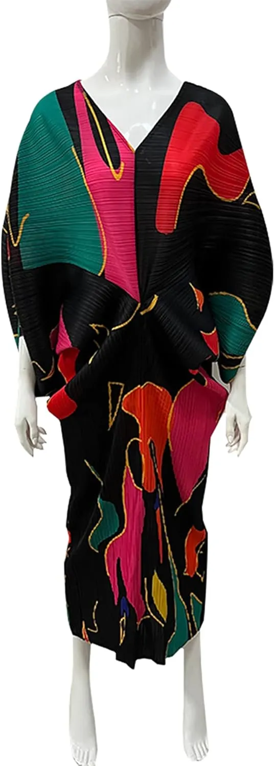 Women's Floral Print Pleated Long Dress Elegant Stretchy Flowy Ruched Midi Dress for Party Club