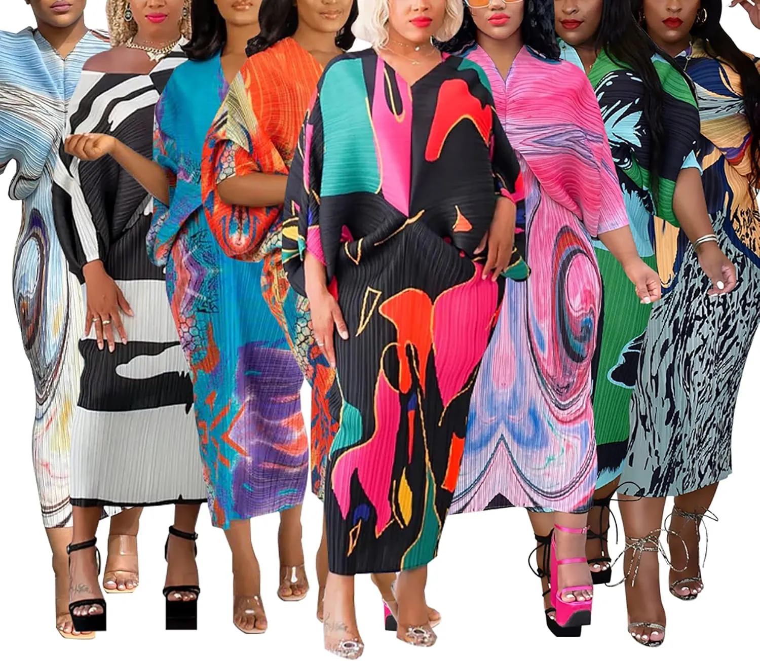 Women's Floral Print Pleated Long Dress Elegant Stretchy Flowy Ruched Midi Dress for Party Club