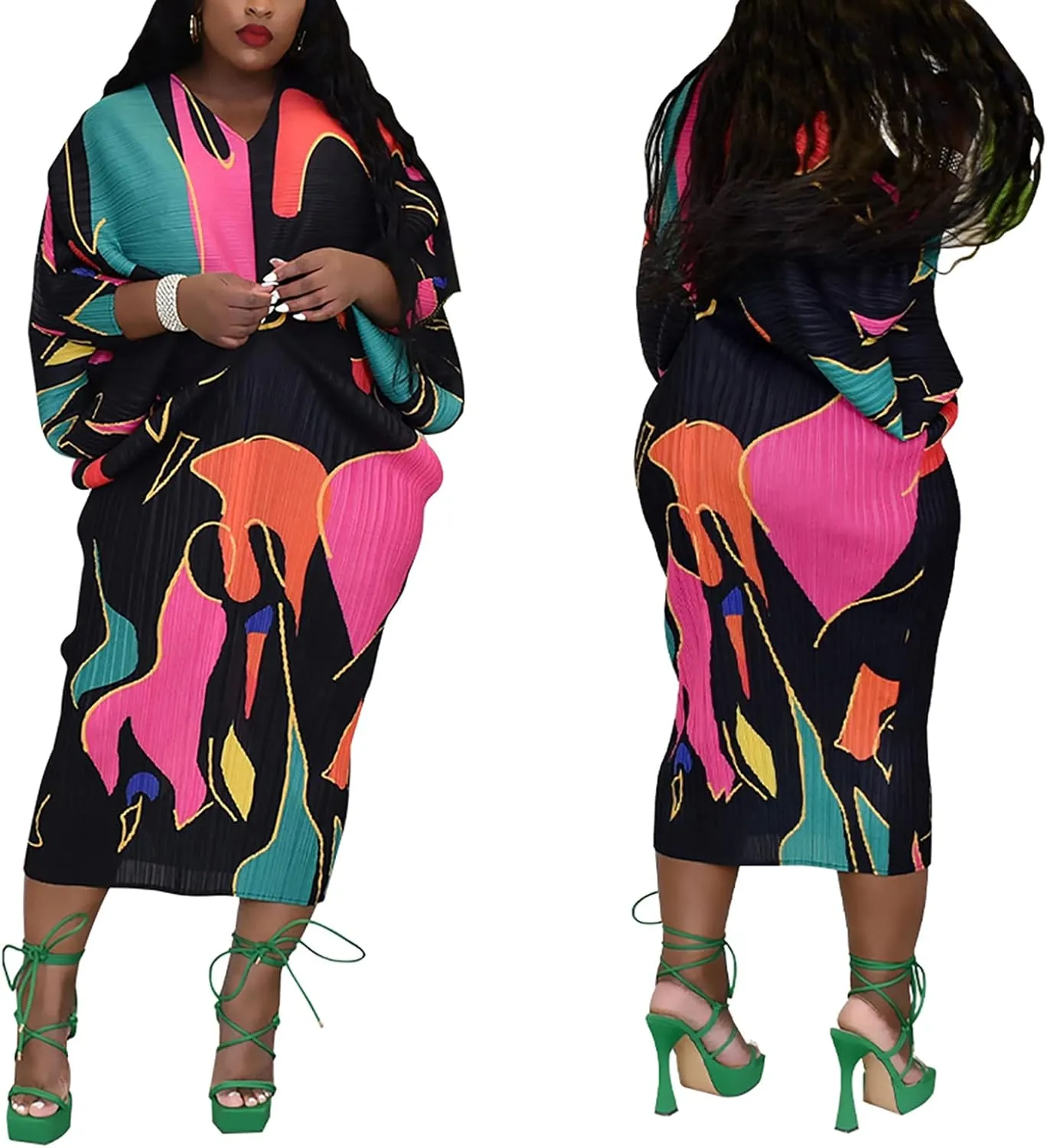 Women's Floral Print Pleated Long Dress Elegant Stretchy Flowy Ruched Midi Dress for Party Club