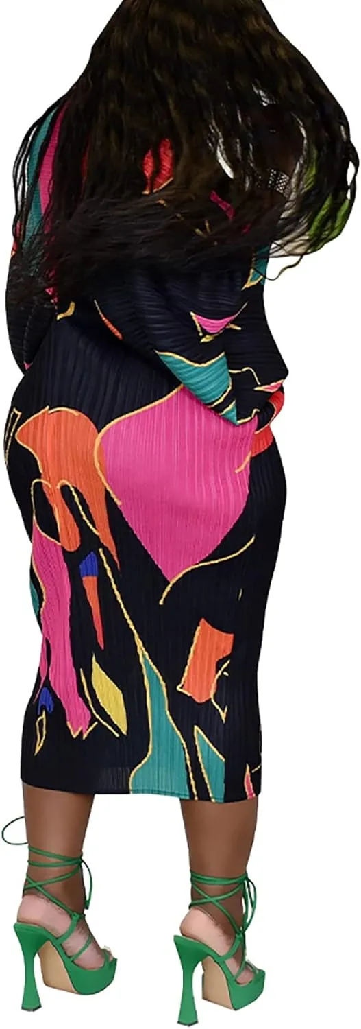 Women's Floral Print Pleated Long Dress Elegant Stretchy Flowy Ruched Midi Dress for Party Club