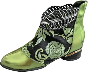 Womens Flower Embroidery Ankle Boots Fashion Rhinestone Pointed Back Zipper Mid Heel Short Booties Casual Trendy Ladies Thick Heel Shoes