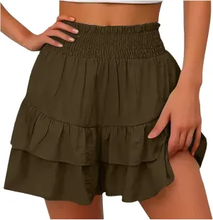 Women's Flowy Shorts Ruffle High Waisted Mini Skirts Casual Summer Teen Gilrs Tennis Shorts with Floral Pleated Hem