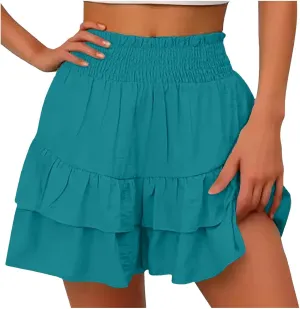 Women's Flowy Shorts Ruffle High Waisted Mini Skirts Casual Summer Teen Gilrs Tennis Shorts with Floral Pleated Hem