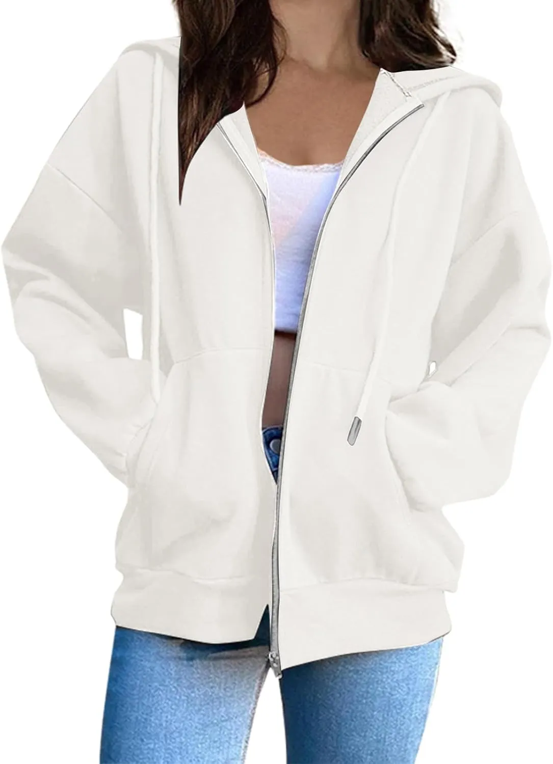 Women's Full Zip Up Hoodie Fall Jacket Oversized Casual Drawstring Collar Hooded Sweatshirts with Pockets Winter