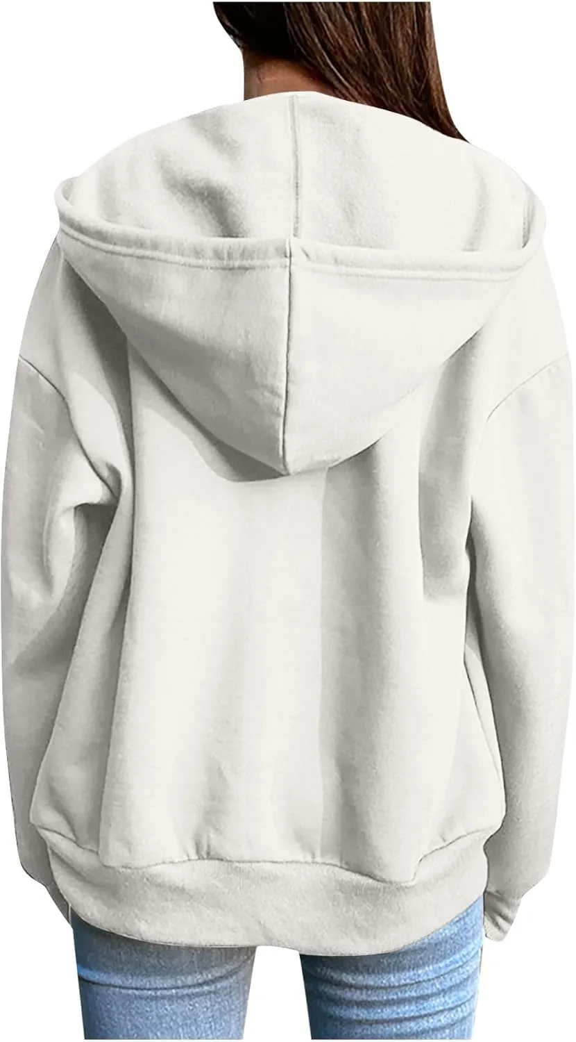 Women's Full Zip Up Hoodie Fall Jacket Oversized Casual Drawstring Collar Hooded Sweatshirts with Pockets Winter