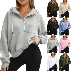 Womens Half Zip Up Hoodies Trendy Cropped Long Sleeve Loose Hooded Pullover Sweatshirt Fall y2k Outfits Clothes