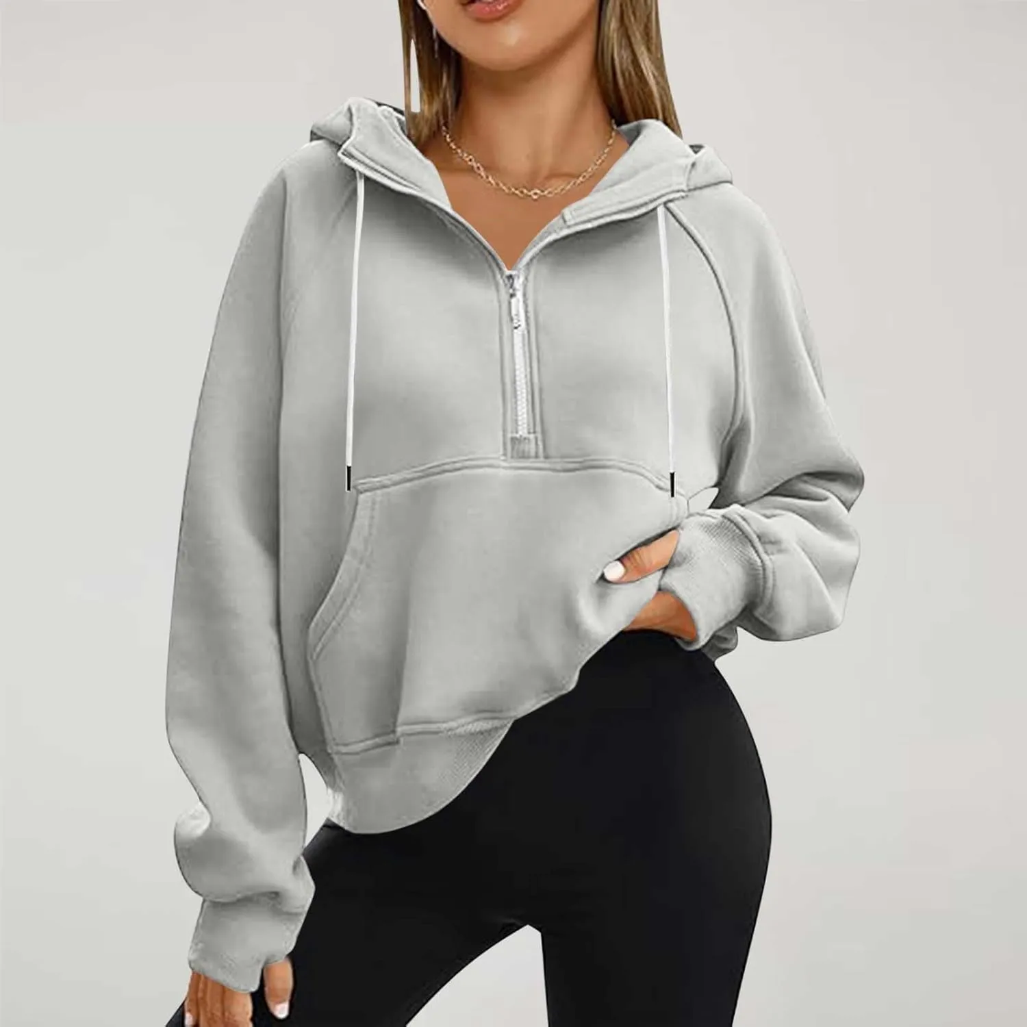 Womens Half Zip Up Hoodies Trendy Cropped Long Sleeve Loose Hooded Pullover Sweatshirt Fall y2k Outfits Clothes