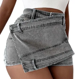 Women's High Waisted Ruffle Trim Denim Skort Skirt Zip Up Layered Jean Shorts Hem Skirt Shorts Plus Size