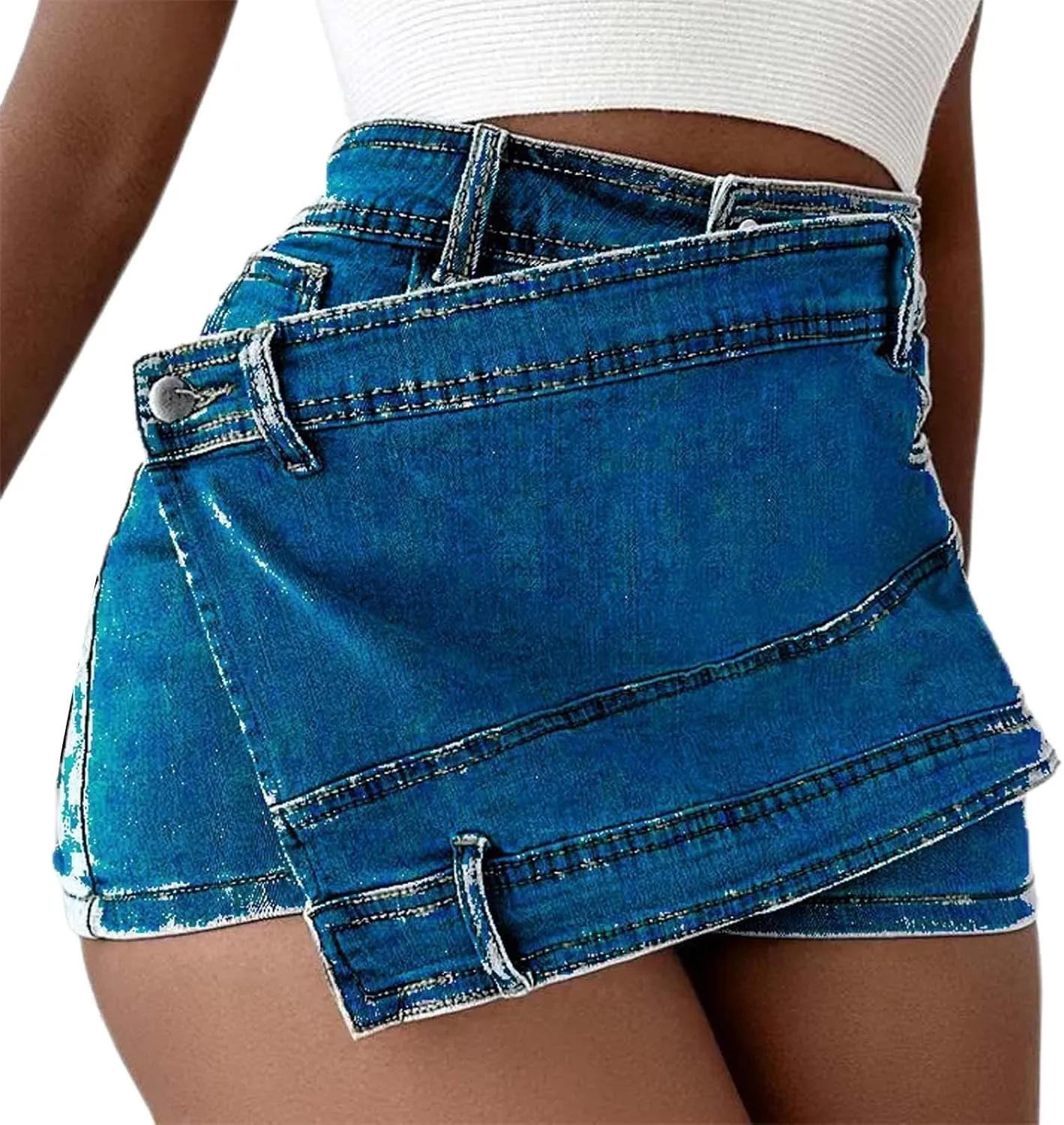 Women's High Waisted Ruffle Trim Denim Skort Skirt Zip Up Layered Jean Shorts Hem Skirt Shorts Plus Size