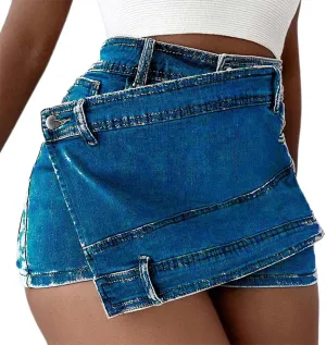 Women's High Waisted Ruffle Trim Denim Skort Skirt Zip Up Layered Jean Shorts Hem Skirt Shorts Plus Size
