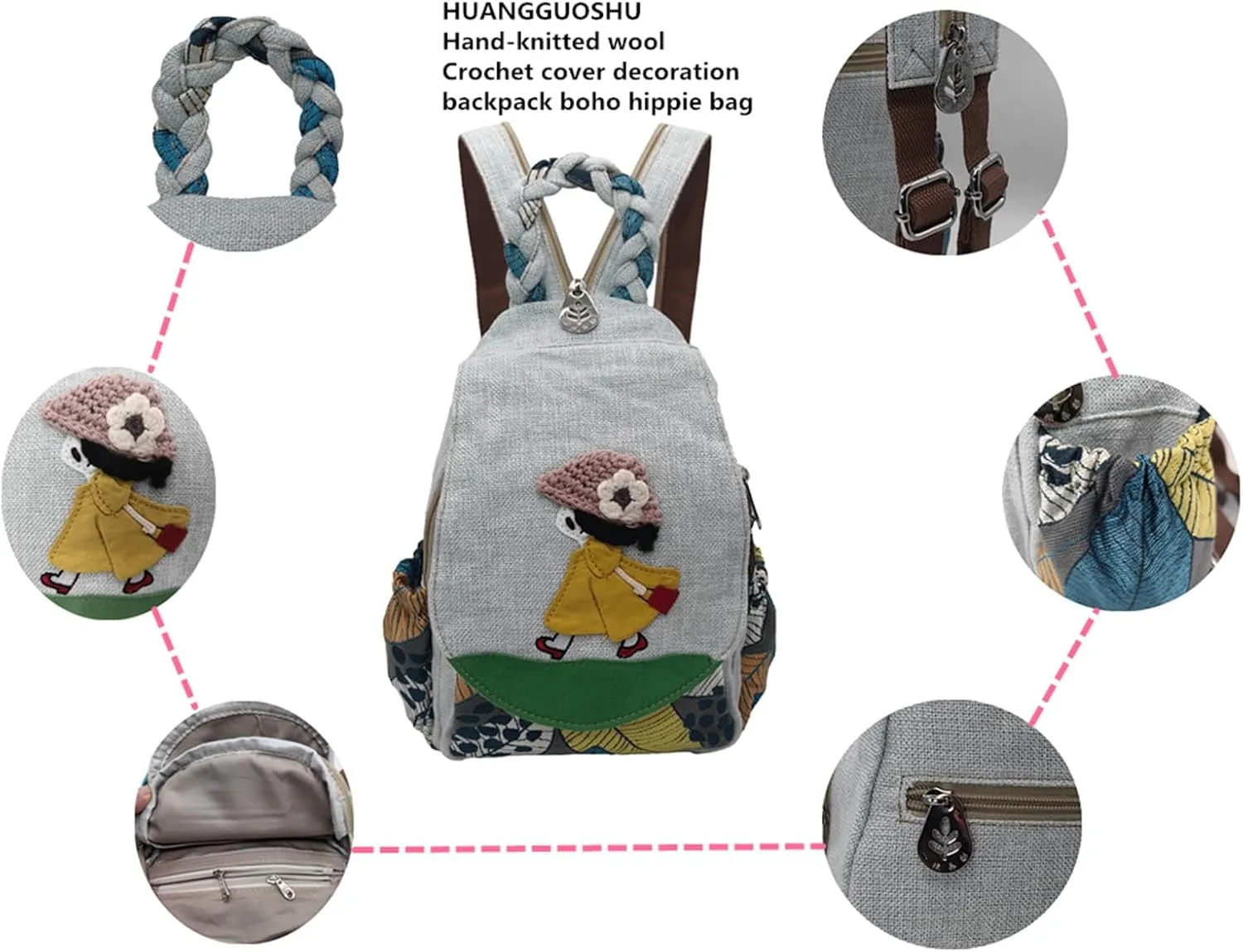 Womens Hippie Cotton Hemp Cloth Backpack Boho Vintage Embroidered Casual Purse