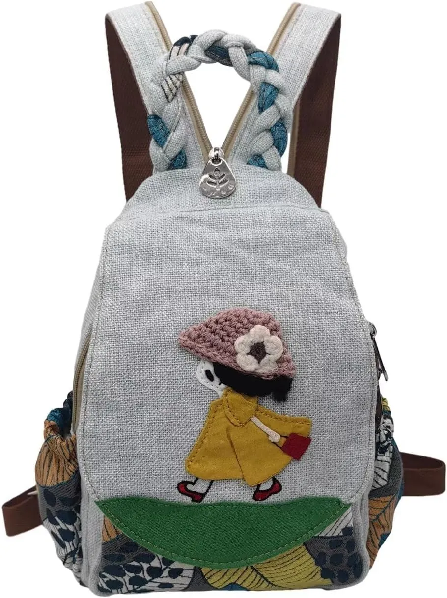 Womens Hippie Cotton Hemp Cloth Backpack Boho Vintage Embroidered Casual Purse