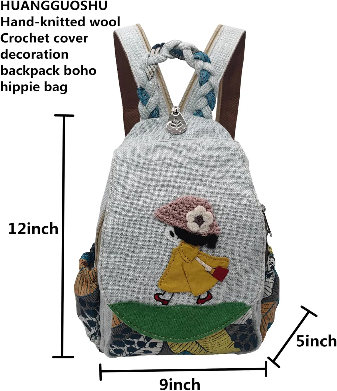 Womens Hippie Cotton Hemp Cloth Backpack Boho Vintage Embroidered Casual Purse