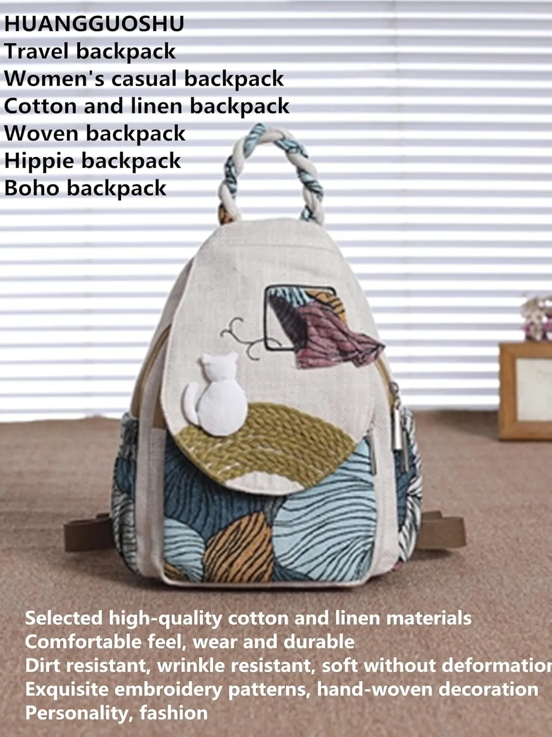 Womens Hippie Cotton Hemp Cloth Backpack Boho Vintage Embroidered Casual Purse