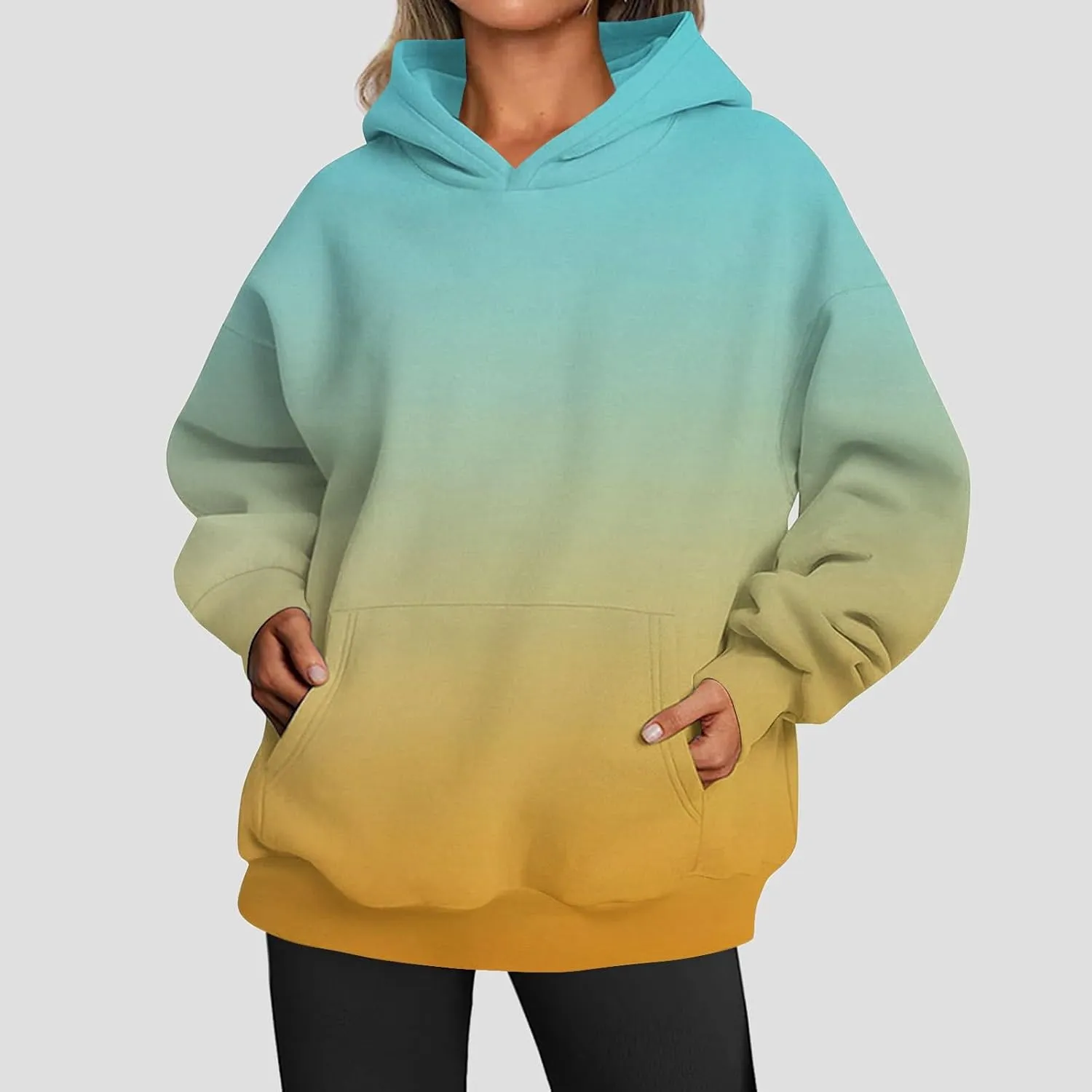 Womens Hoodies Casual Long Sleeve Oversized Sweatshirts Drawstring Pullover Fashion Crew Neck Pocket Gradient