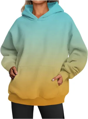 Womens Hoodies Casual Long Sleeve Oversized Sweatshirts Drawstring Pullover Fashion Crew Neck Pocket Gradient