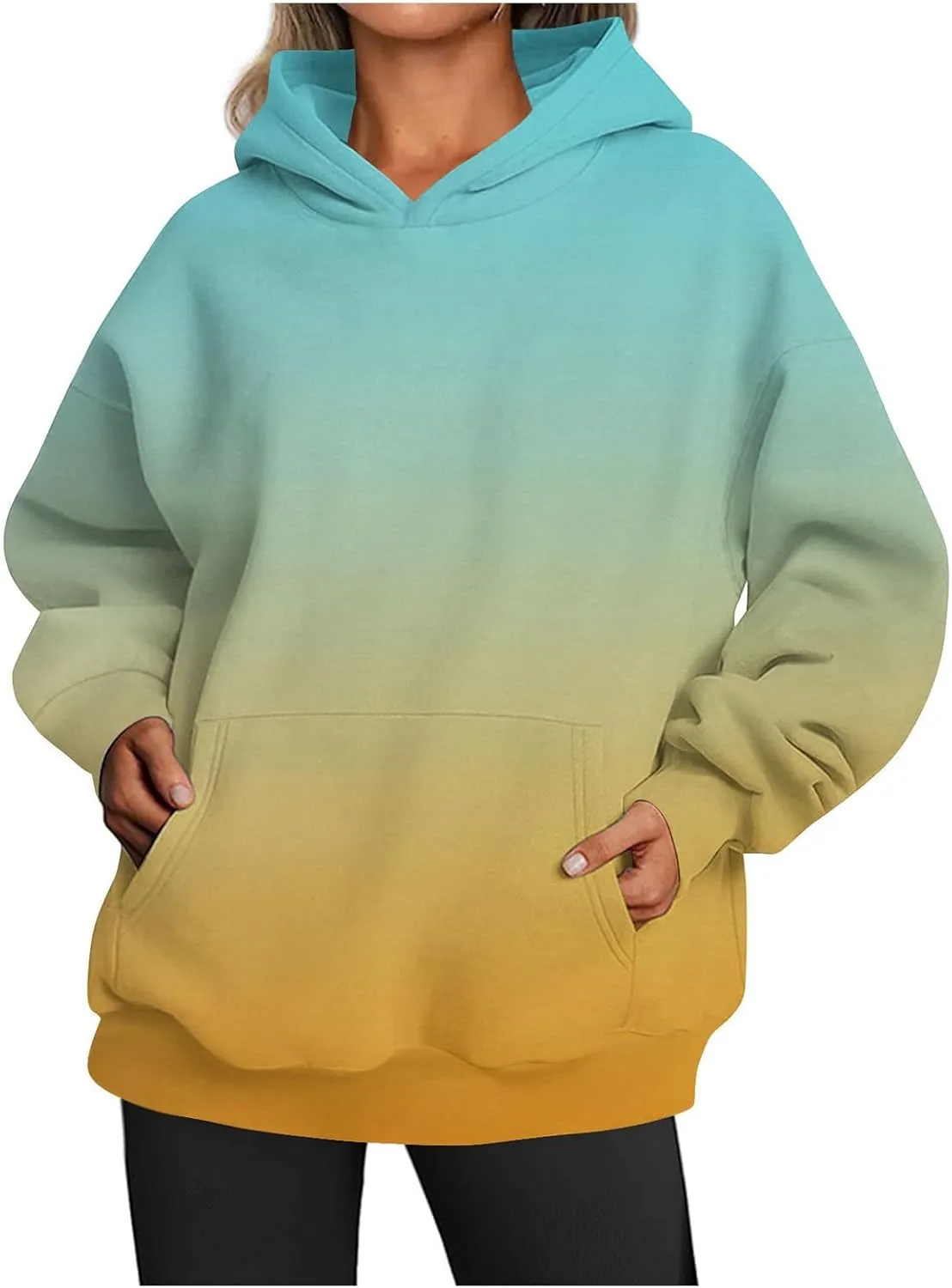 Womens Hoodies Casual Long Sleeve Oversized Sweatshirts Drawstring Pullover Fashion Crew Neck Pocket Gradient