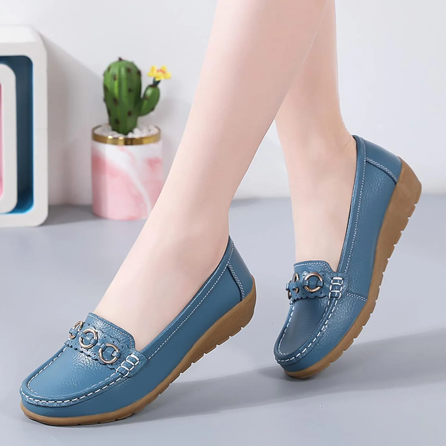 Womens Loafers Comfortable Dressy Leather Penny Loafers Slip On Walking Shoes Arch Support Cushion Orthopedic Shoes
