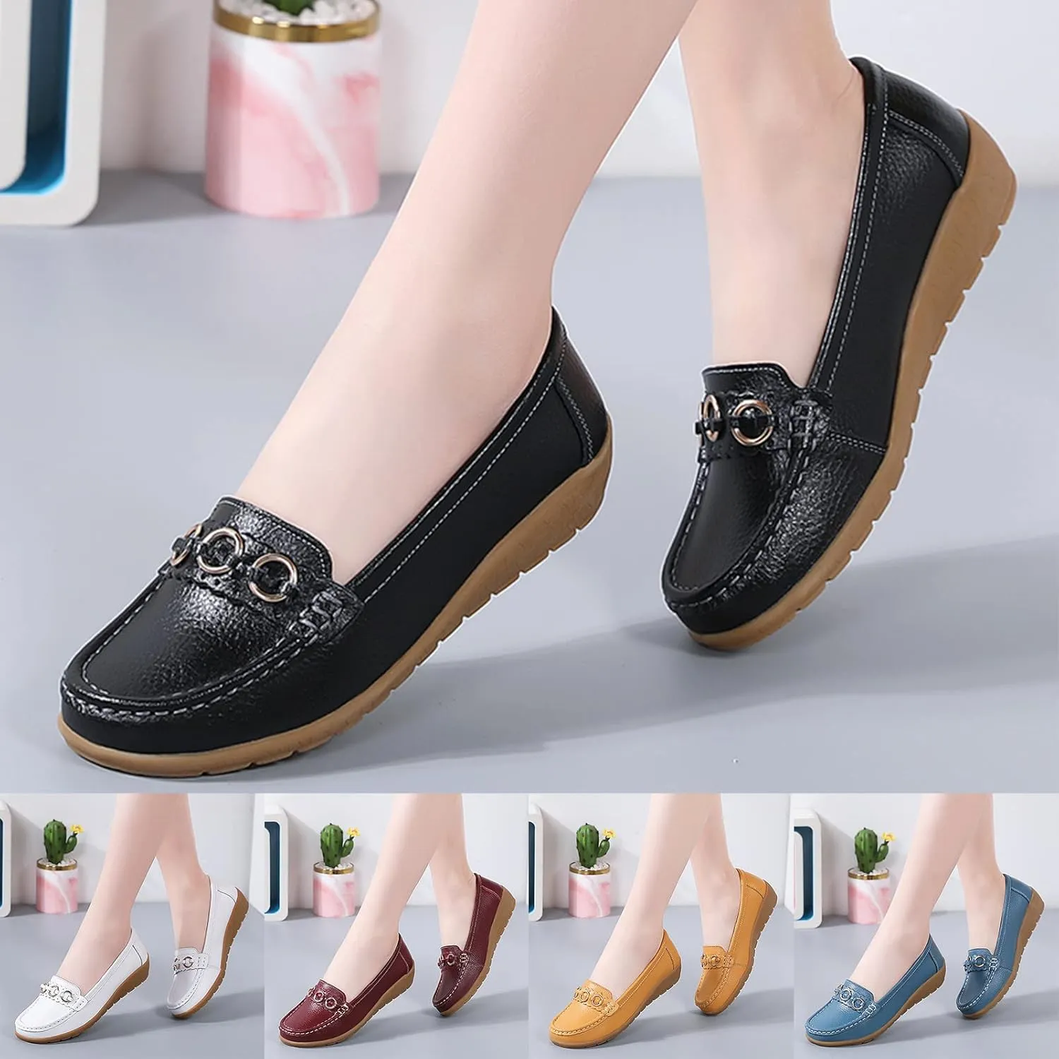 Womens Loafers Comfortable Dressy Leather Penny Loafers Slip On Walking Shoes Arch Support Cushion Orthopedic Shoes