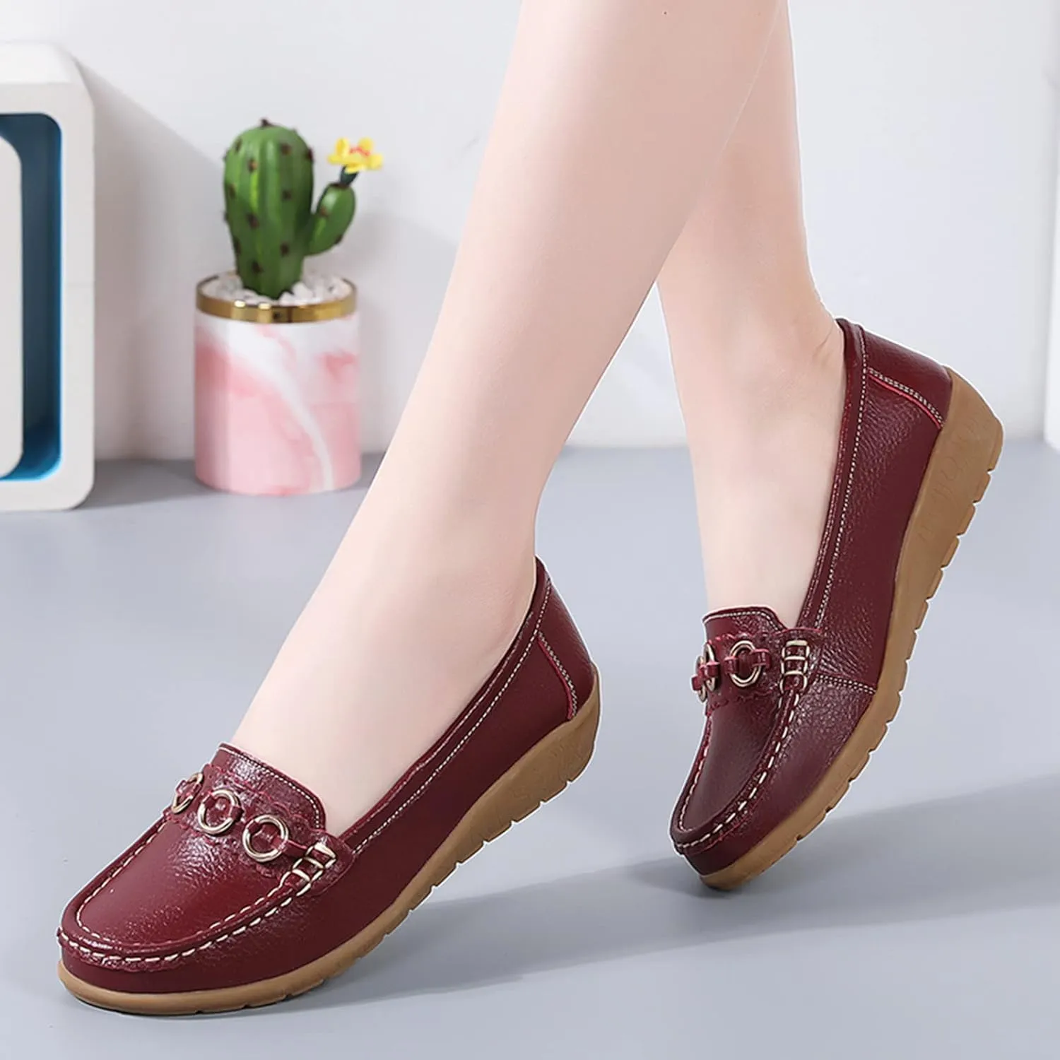 Womens Loafers Comfortable Dressy Leather Penny Loafers Slip On Walking Shoes Cushion Orthopedic Shoes Arch Support