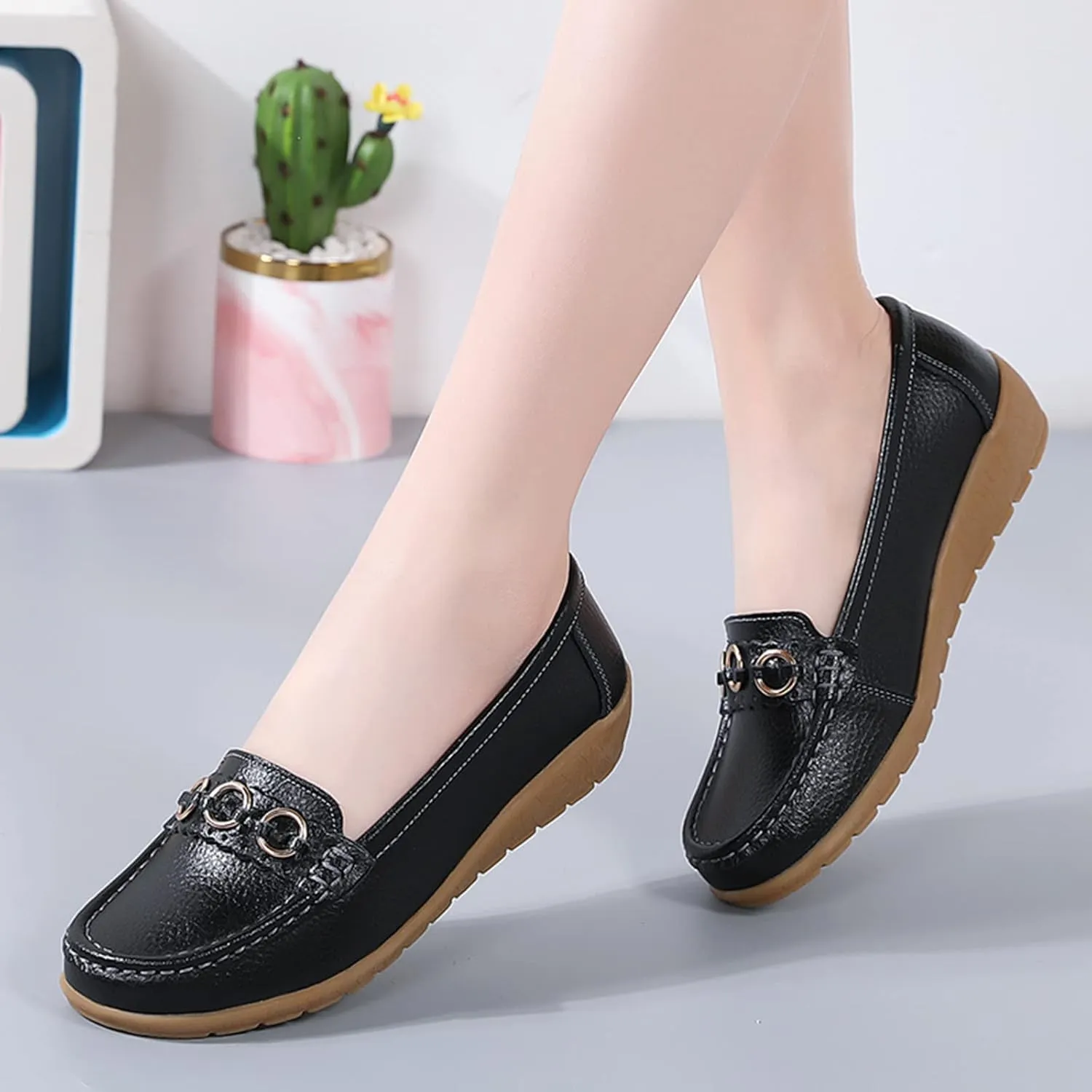 Womens Loafers Comfortable Dressy Leather Penny Loafers Slip On Walking Shoes Cushion Orthopedic Shoes Arch Support