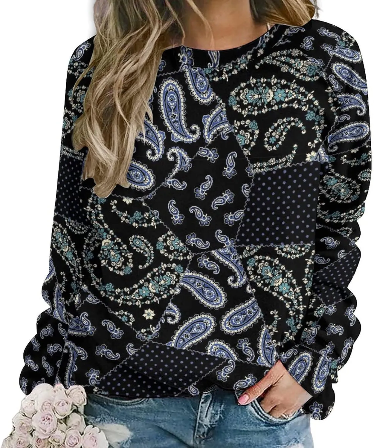 Womens Paisley Sweatshirt Oversized Loose Fit Novelty Graphic Crewneck Sweatshirts Casual Raglan Long Sleeve Tops Shirt