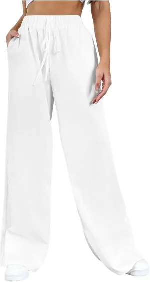 Women's Pants, High Waisted Wide Leg Cotton Linen Pants Straight Sweatpants Lounge