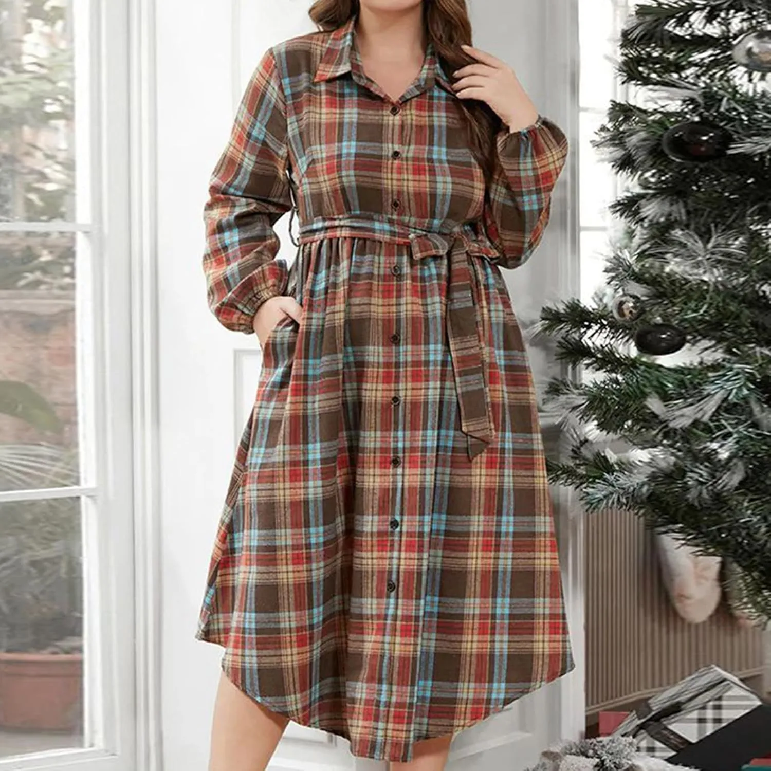 Womens Plus Size Christmas Plaid Shirt Dress Long Sleeve Turn Down Collar Plaid Midi Dress Loose Fit Christmas Dress
