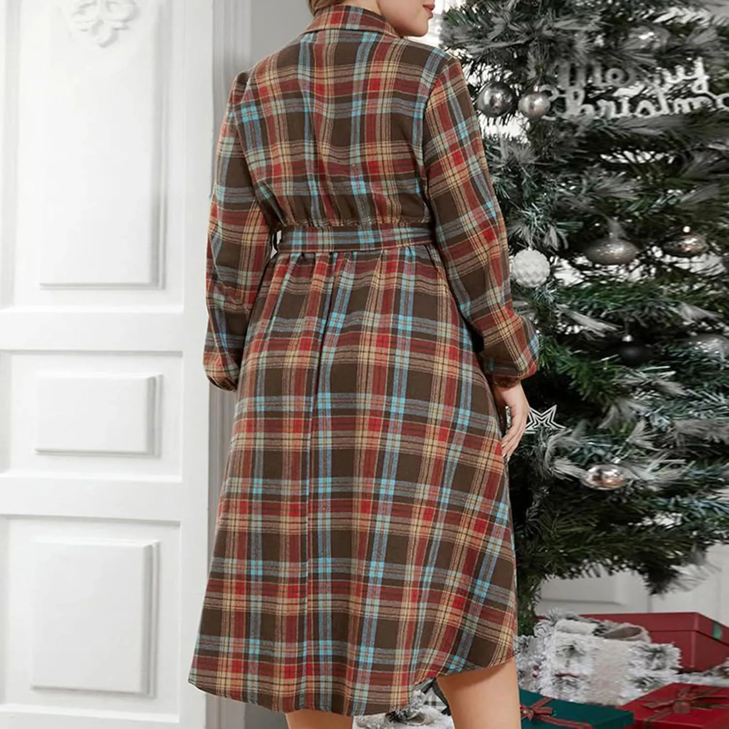 Womens Plus Size Christmas Plaid Shirt Dress Long Sleeve Turn Down Collar Plaid Midi Dress Loose Fit Christmas Dress