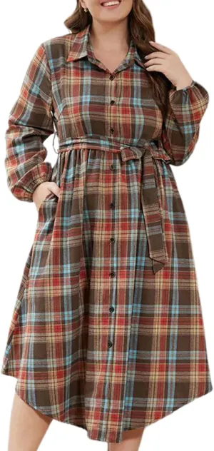 Womens Plus Size Christmas Plaid Shirt Dress Long Sleeve Turn Down Collar Plaid Midi Dress Loose Fit Christmas Dress