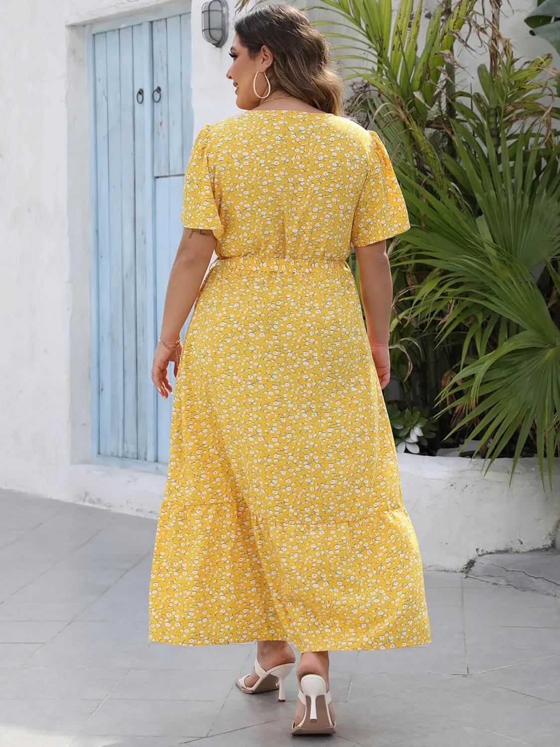Womens Plus Size Summer Dresses Short Sleeve Wrap V Neck Floral Formal Maxi Wedding Guest Long Dress with Belt XL-5XL
