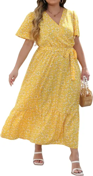 Womens Plus Size Summer Dresses Short Sleeve Wrap V Neck Floral Formal Maxi Wedding Guest Long Dress with Belt XL-5XL