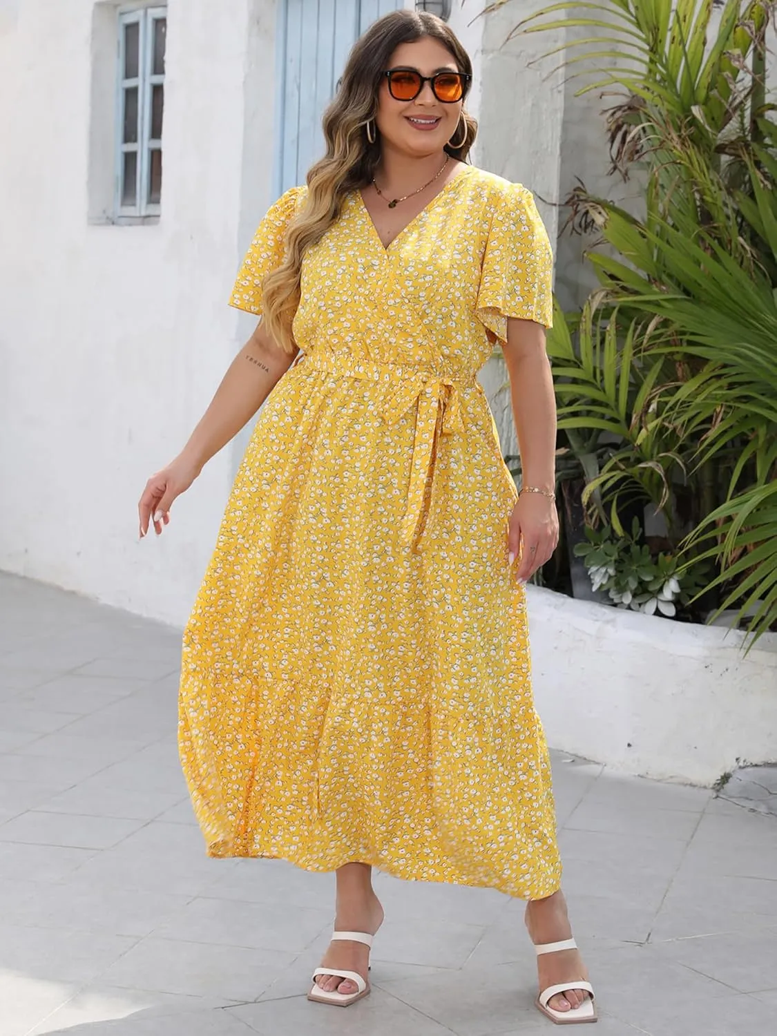 Womens Plus Size Summer Dresses Short Sleeve Wrap V Neck Floral Formal Maxi Wedding Guest Long Dress with Belt XL-5XL