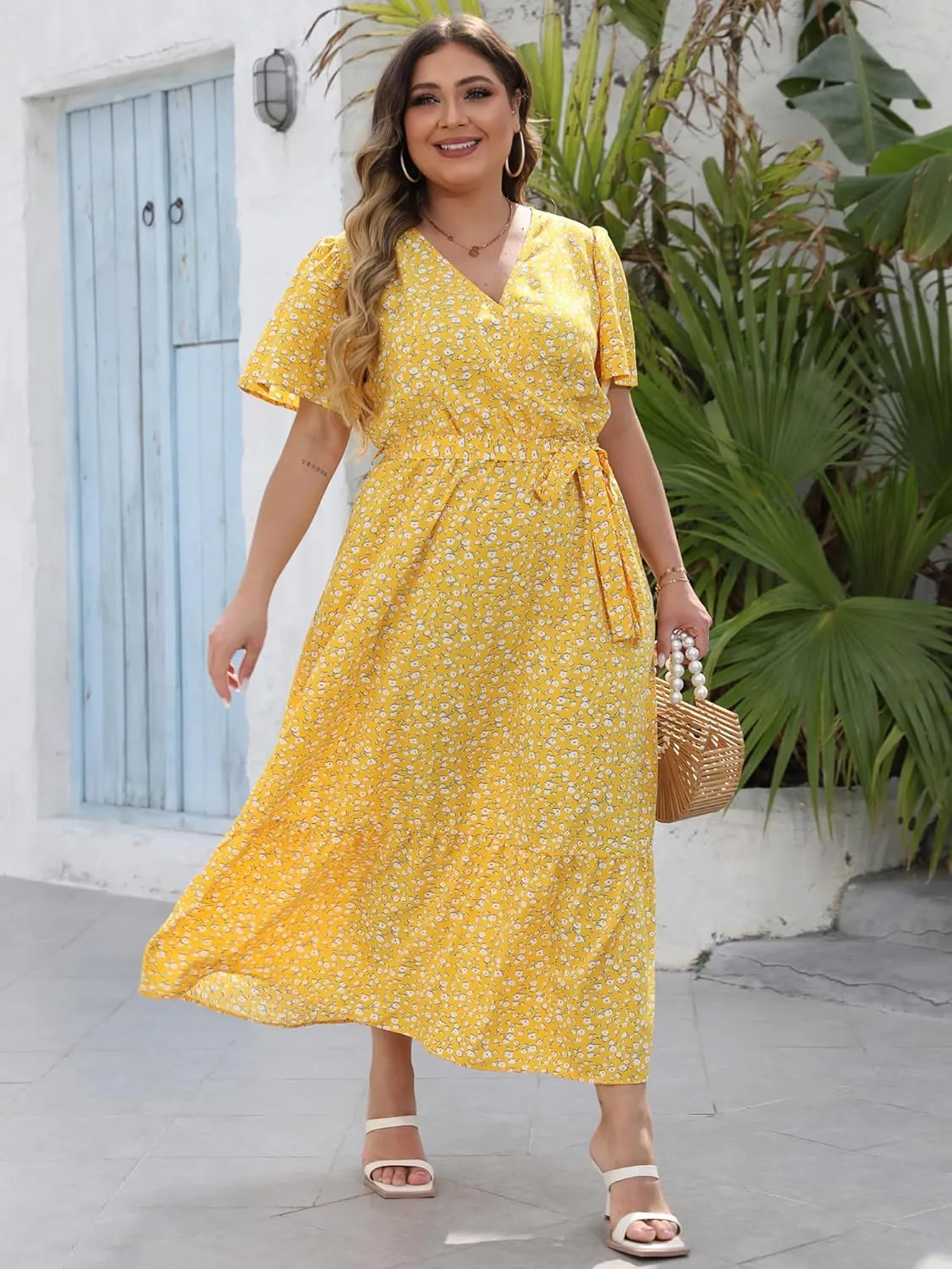 Womens Plus Size Summer Dresses Short Sleeve Wrap V Neck Floral Formal Maxi Wedding Guest Long Dress with Belt XL-5XL