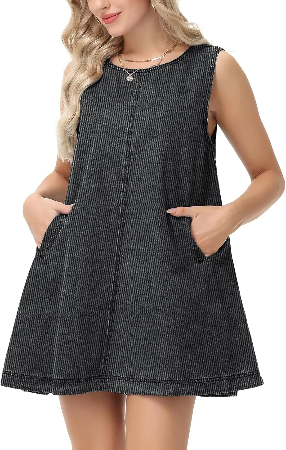 Women's Sleeveless Casual Denim Dress Crewneck Vintage Babydoll Jean Mini Dresses with Pockets