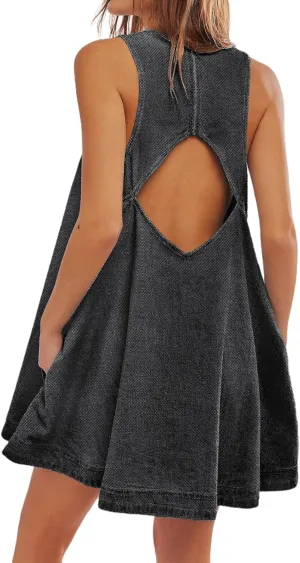 Women's Sleeveless Casual Denim Dress Crewneck Vintage Babydoll Jean Mini Dresses with Pockets
