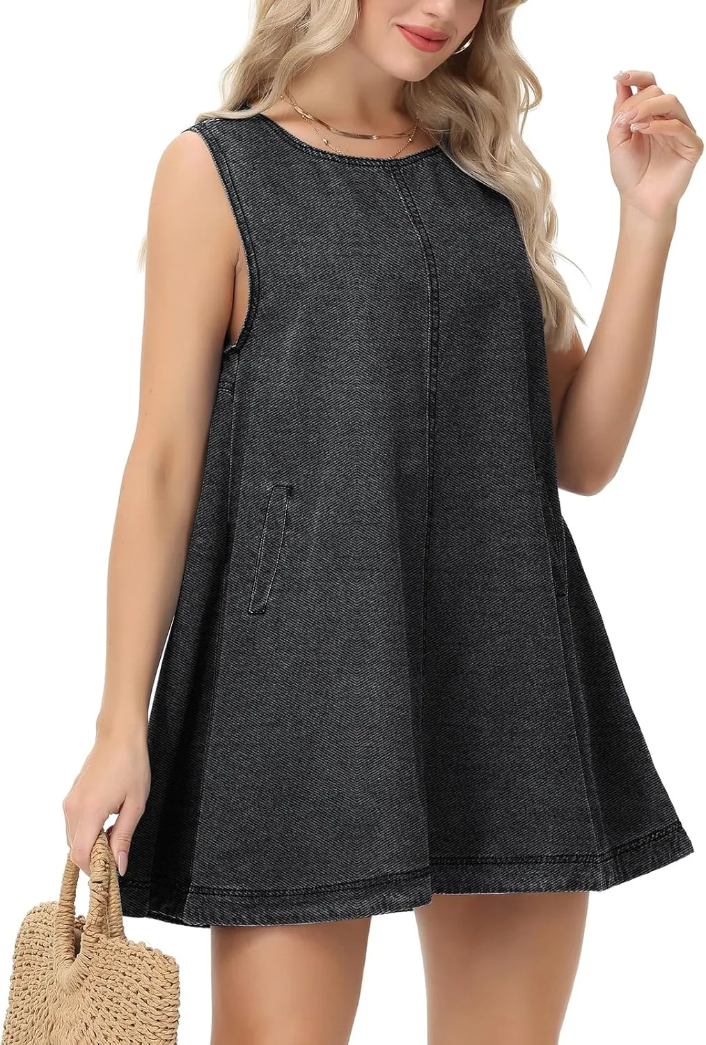 Women's Sleeveless Casual Denim Dress Crewneck Vintage Babydoll Jean Mini Dresses with Pockets