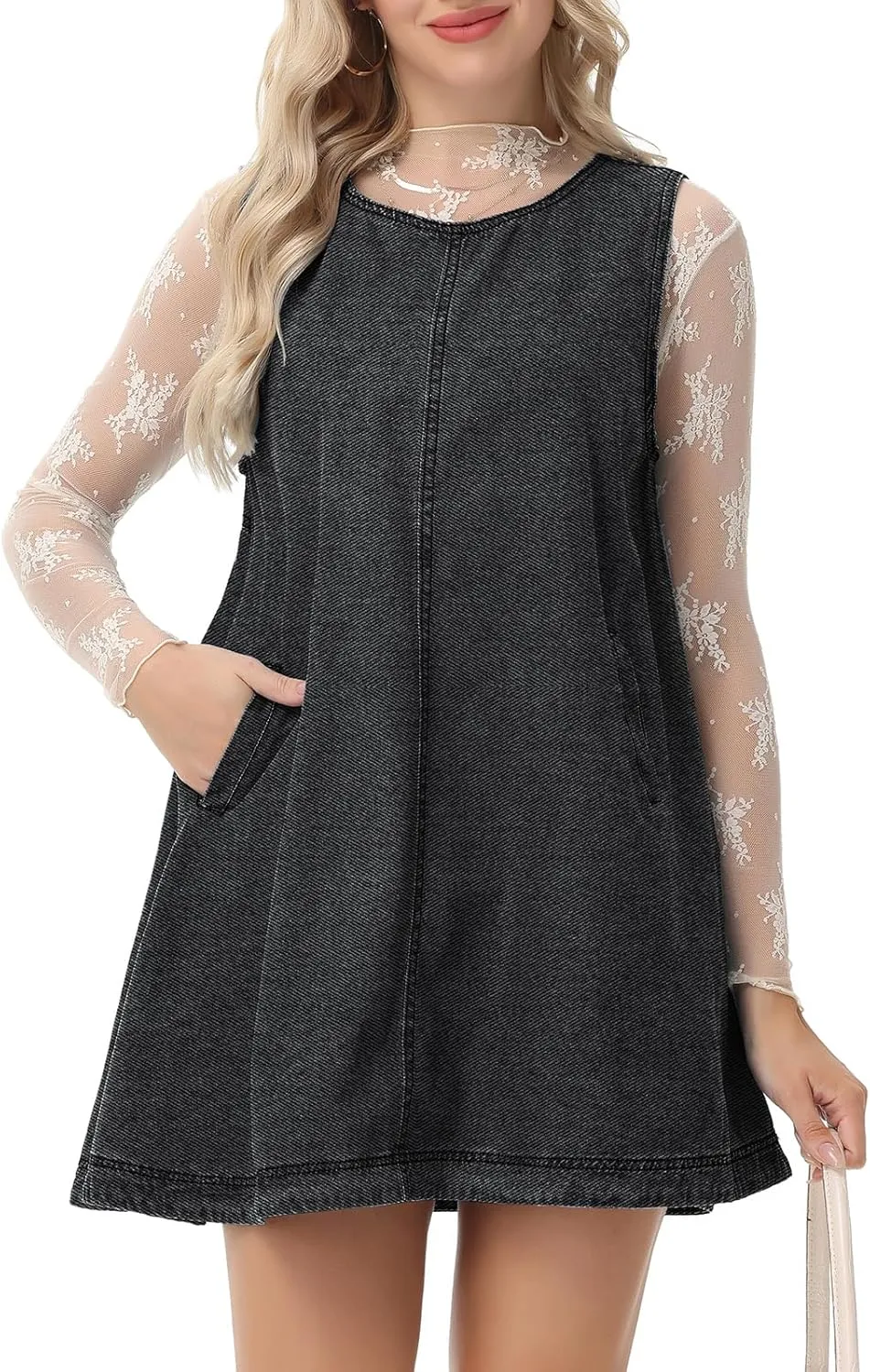 Women's Sleeveless Casual Denim Dress Crewneck Vintage Babydoll Jean Mini Dresses with Pockets