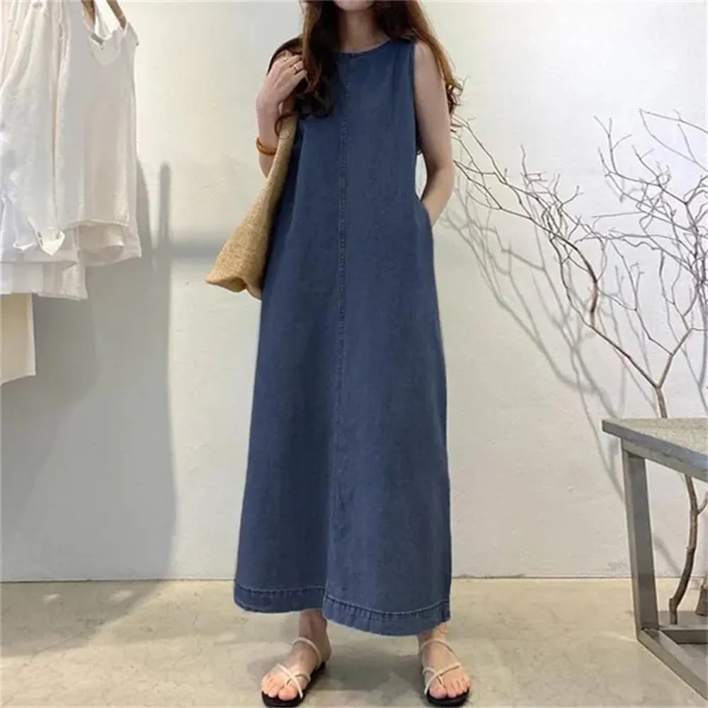 Women's Sleeveless Denim Dress Casual Loose Summer Jean Dresses Maxi Length Dress with Pockets