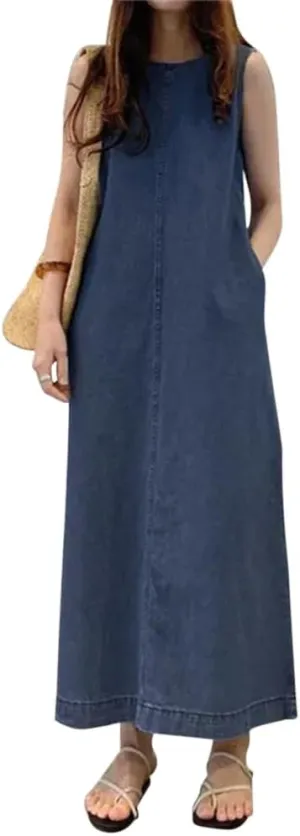 Women's Sleeveless Denim Dress Casual Loose Summer Jean Dresses Maxi Length Dress with Pockets