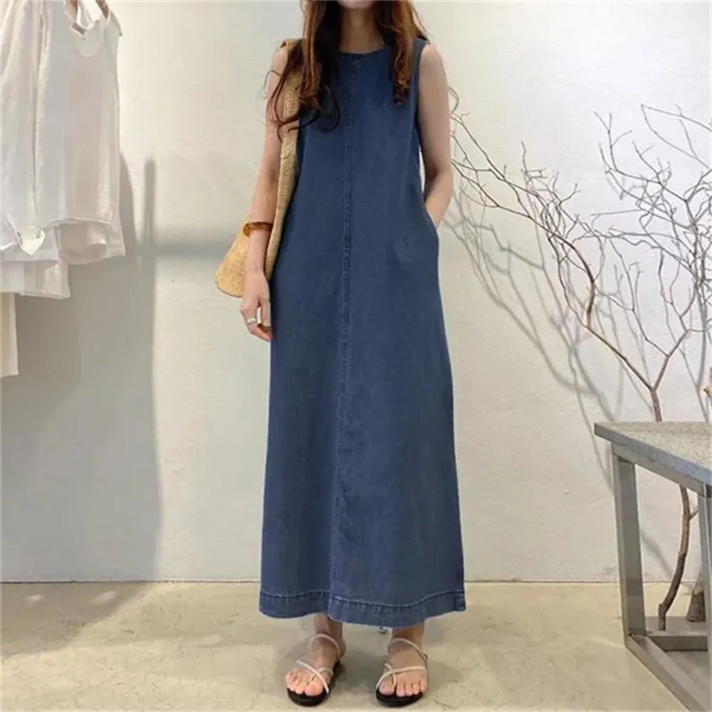 Women's Sleeveless Denim Dress Casual Loose Summer Jean Dresses Maxi Length Dress with Pockets