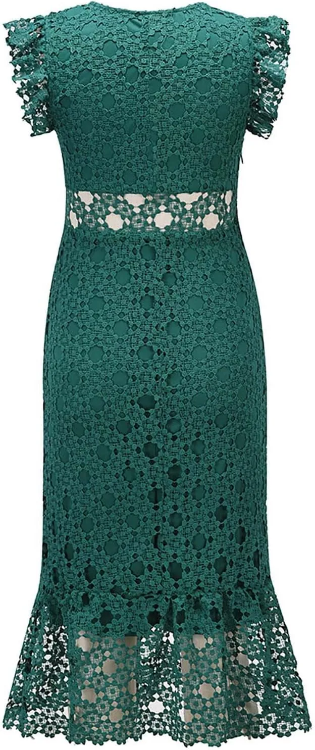 Women's Sleeveless Lace Tulle Floral Elegant Cocktail Dress Crew Neck Knee Length Ruffle Dresses Slim Hollow Out Party Dress