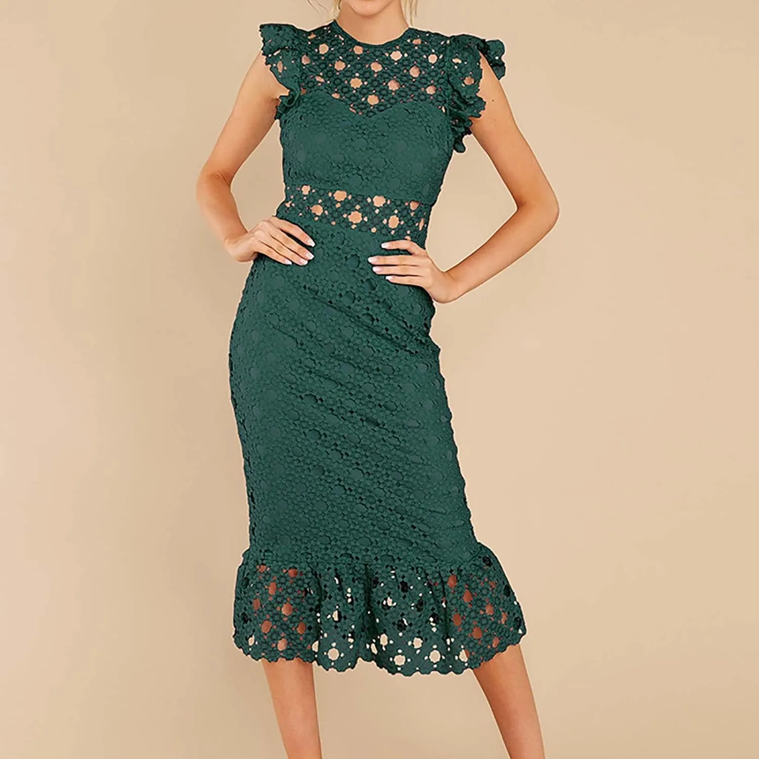Women's Sleeveless Lace Tulle Floral Elegant Cocktail Dress Crew Neck Knee Length Ruffle Dresses Slim Hollow Out Party Dress