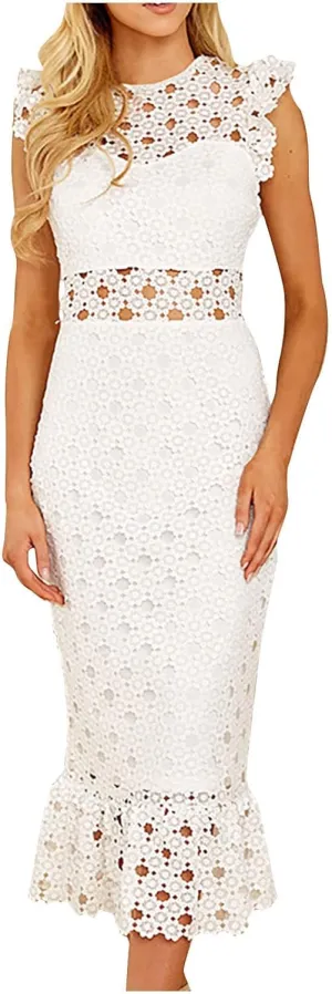 Women's Sleeveless Lace Tulle Floral Elegant Cocktail Dress Crew Neck Knee Length Ruffle Dresses Slim Hollow Out Party Dress