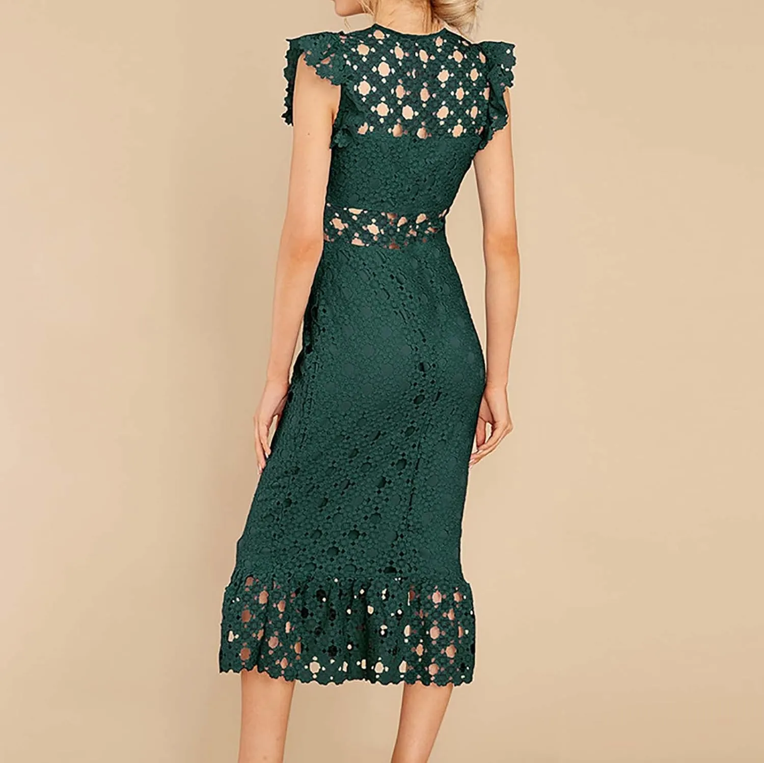 Women's Sleeveless Lace Tulle Floral Elegant Cocktail Dress Crew Neck Knee Length Ruffle Dresses Slim Hollow Out Party Dress